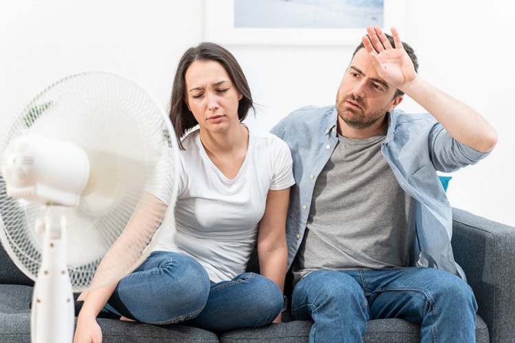 Couple trying to cool down in front of osculating fan to represent info on your AC's R-22 refrigerant.
