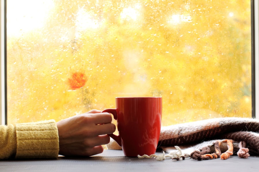 Homeowner enjoying her indoor air quality, looking at fall weather outside her Hudson, MA, home.