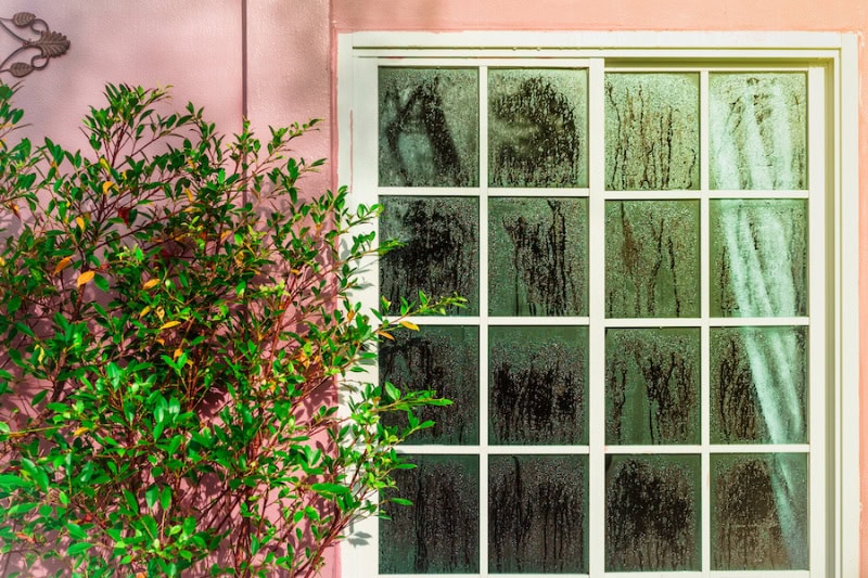 Don't Let Your Home Sweat It Out: A Massachusetts Guide to Humidity Control. Glass door with condensation and a tree, high humidity. Texture of water on a glass. Phenomenon of nature and exterior concept.