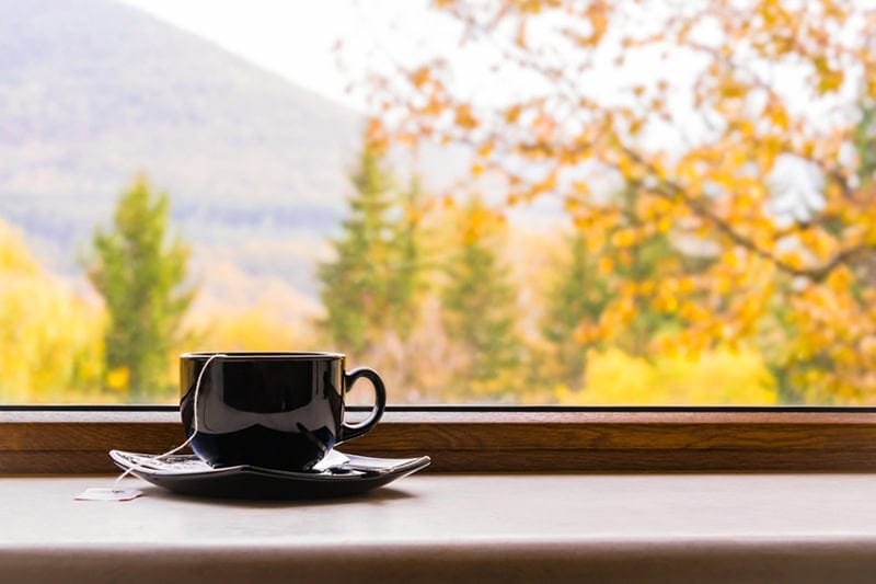Cup of tea sitting on windowsill of Marlborough, MA, home, to represent if you need a humidifier during the fall.
